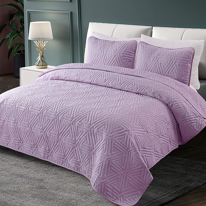 Whale Flotilla Soft Twin Size Quilt Set for All Seasons, 2-Piece Ultrasonic Geometric Quilts Bedding Set, Lightweight Reversible Bedspread, Coverlet, Bed Cover with Pillow Sham, Light Purple