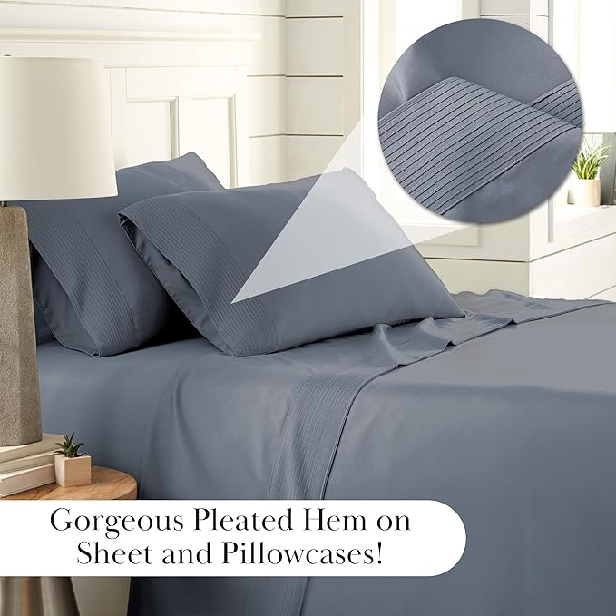 Southshore Fine Living, Inc. Pleated Hem, 21-Inch Extra Deep King Size Sheets, 4-Piece King Sheet Set, 1 Fitted Sheet, 1 Oversized Flat, Pillow Cases Set of 2, Blue Sheets King Size, Slate Blue