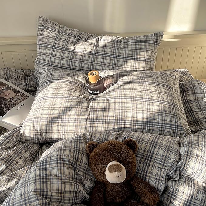 mixinni Twin Duvet Cover Set - 3 Piece Vintage Buffalo Plaid Bedding, 100% Washed Cotton Duvet Cover with 2 Pillowcases, Soft & Breathable Navy Beige White Geometric Grid Pattern for All Seasons