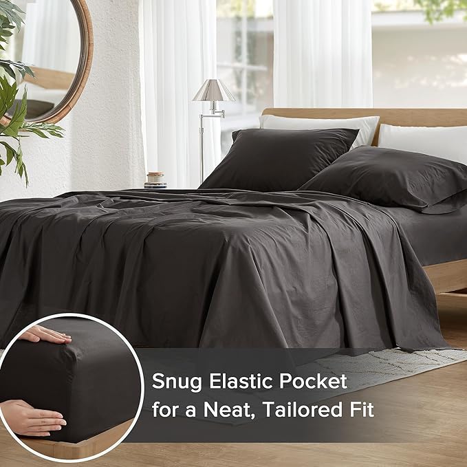 Comfort Spaces 100% Cotton Sheets Queen, Breathable, Ultra Soft Cotton Sheets, Naturally Cool Cotton Bed Sheets with 14" Elastic Pocket Fits up to 16" Mattress, All Season Sheet Set, Black 4 Piece