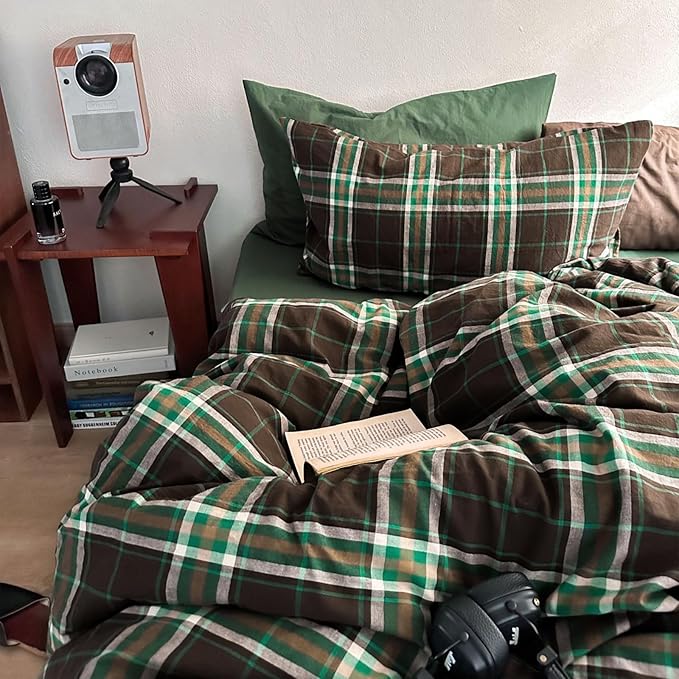 LifeTB Brown Green Plaid Comforter Set King Size, 3 Pieces Grid Gingham Bedding Comforter with 2 Pillowcases, Fluffy Soft Farmhouse Grid Bedding Vintage Plaid Checkered Comforter Set for All Seasons