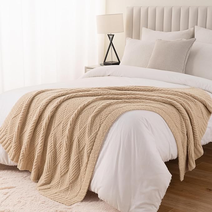 Battilo Beige Diamond Knit Throw Blanket for Couch and Bed, Soft Textured Chenille Blanket, Cozy Lightweight Decorative Blanket for Sofa, 50"x60"