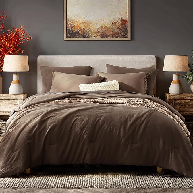 WRENSONGE King Size Comforter Set- 7 Pieces Soft Chocolate Brown Bed in a Bag King with Fitted Sheet, Flat Sheet, 2 Pillow Shams, and 2 Pillowcases-Warm King Bedding Set for All Season