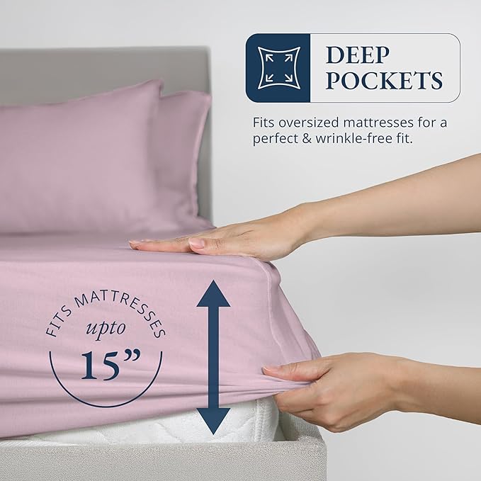 LANE LINEN King Fitted Sheet, 100% Organic Cotton, 3-Piece Set (1 Fitted Sheet,2 Pillowcases), Percale Weave, Ultra Soft, Breathable,Fits Mattress Upto 15" Deep - Lilac (No Flat Sheet)