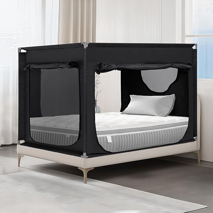 Twin Bed Canopy Portable Blackout Bed Tent Privacy Tent for Adult Indoor Sleeping with 3 Doors, Storage Bag, Black