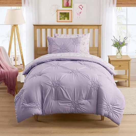 Floral Pintuck Comforter Set Twin Size – Bed in a Bag with Sheets, Pillowcases & Shams – Soft Stylish Sports Bedding – All Season Boys Basketball Bed Set