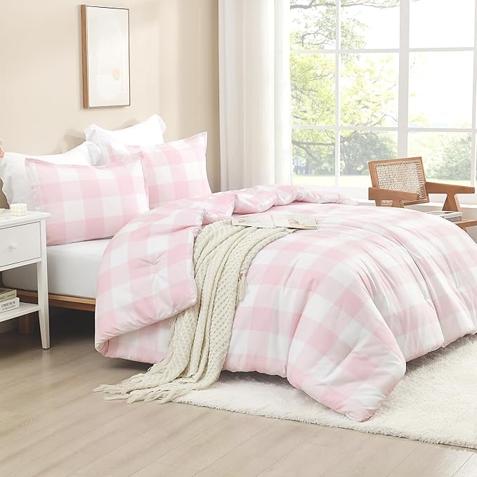 Andency Pink Checkered Comforter Queen(90x90Inch), Plaid Gingham Buffalo Plaid Grid Bedding Sets for Girls Kids Women Kids Teens, 3 Pieces Lightweight Microfiber Geometric Preppy Bed Set