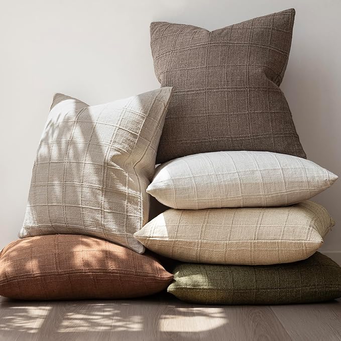 Foindtower Set of 2 Decorative Linen Check Throw Pillow Covers Neutral Farmhouse Lumbar Cushion Covers Modern Boho Home Decor for Sofa Chair Couch Bedroom Living Room,12×20 Inch,Taupe Grey