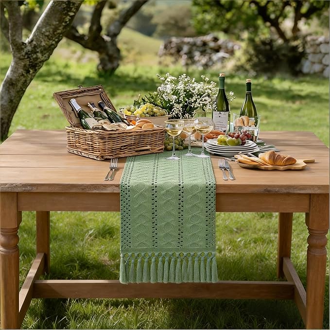 Socomi Sage Green Boho Table Runner Easter Spring Farmhouse Rustic Dining Kitchen Centerpiece Decor Small Macrame Woven Cotton Linen Coffee Table Runner for Dresser Scarf Home Decor 12x48 inch