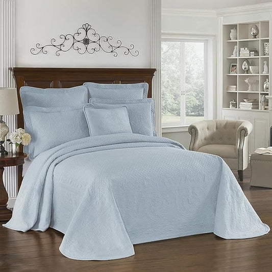 King Charles Modern Farmhouse Floral Matelasse Bedspread, 100% Cotton Breathable Bedding, Full/Queen, Blue