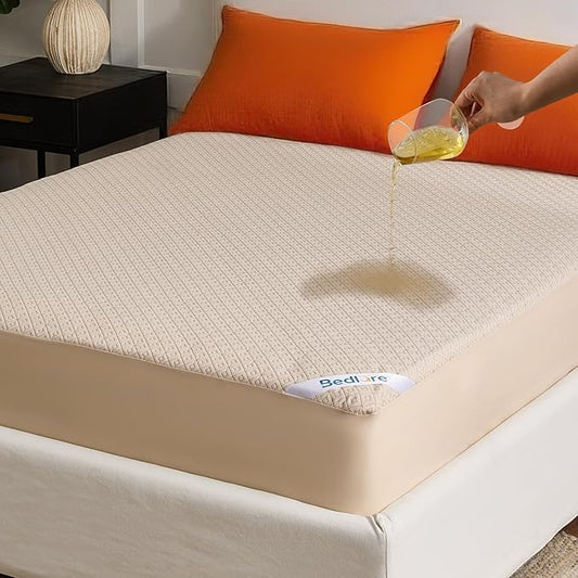 BEDLORE King Size Mattress Protector, Waterproof Noiseless Mattress Cover with Stretchable Pockets for 6-15 inches Mattress, Soft Breathable Mattress Pad for College Dorm (Beige)
