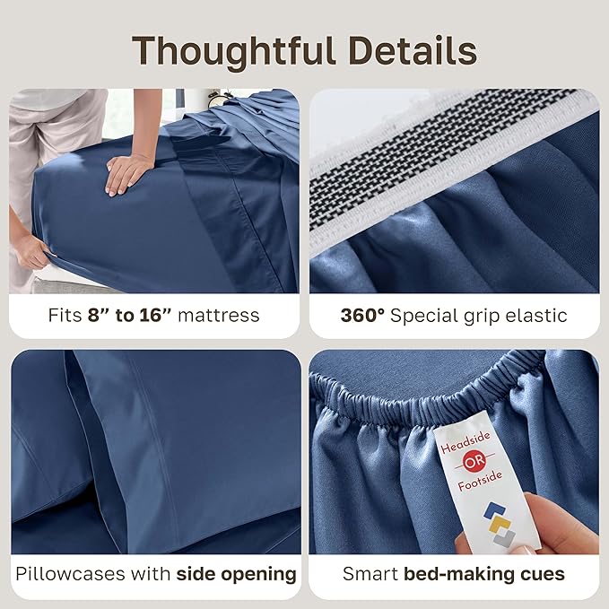 California Design Den Natural 100% Cotton Queen Sheet Set - Luxury Hotel 800 Thread Count Sateen, Soft and Durable Deep Pocket Sheets Set - Navy Blue