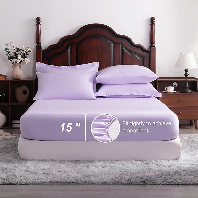 NTBAY King Comforter Set with Sheets, 7 Pieces Soft and Breathable King Bedding Set, Bed in a Bag, Down Alternative Comforter Set Solid Color All Season, Light Purple