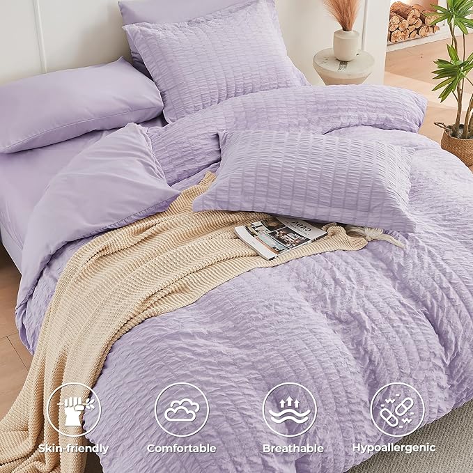 HYMOKEGE Lavender Duvet Cover King Size, Ultra Soft 3-Piece Seersucker Duvet Cover Set with Zipper Closure, Soft Brushed Microfiber Bedding Set with 8 Corner Ties (104"x90", 2 Pillowshams)