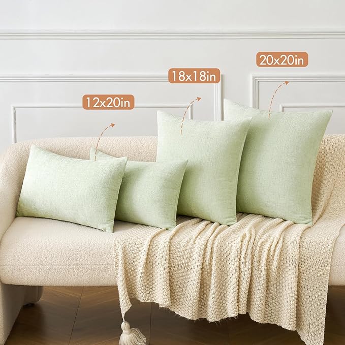 MIULEE Pack of 2 Spring Light Green Couch Throw Pillow Covers 12x20 Inch Soft Chenille Lumbar Pillow Covers for Sofa Living Room Solid Dyed Cases