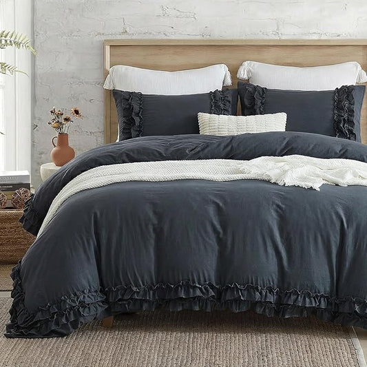 Bedorm Navy Ruffle Duvet Cover Vintage Queen Bedding Set Navy Blue Lace Fringe Ruffled Bedroom Decor Shabby Chic Boho Comforter Cover with Pillowcases