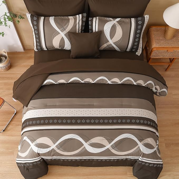 Brown Comforter Set Full Size, 8 Pieces Bed in a Bag Patchwork Striped Comforter Set, Soft Microfiber Boho Bedding Set for All Season(78"×90")
