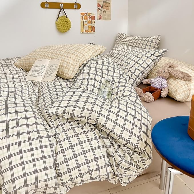 VM VOUGEMARKET Soft Muslin Cotton Duvet Cover Set King Grey White Plaid Checkered Bedding Set Linen Cotton Textured Breathable Comfy Duvet Cover with Zipper Closure