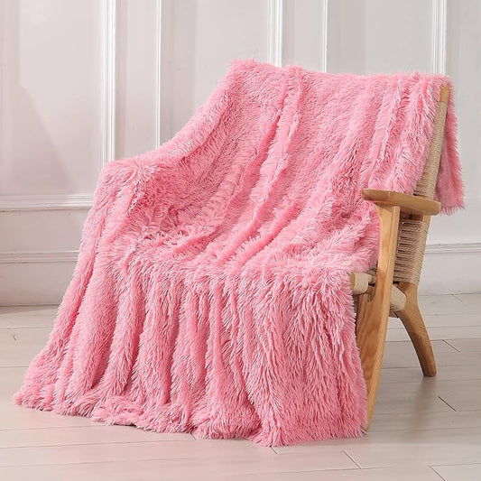 Tuddrom Decorative Extra Soft Faux Fur Blanket Twin Size 70" x 78",Solid Reversible Fuzzy Fluffy Cozy Plush Fleece Comfy Microfiber Fur Blanket for Couch Sofa Bed,Pink