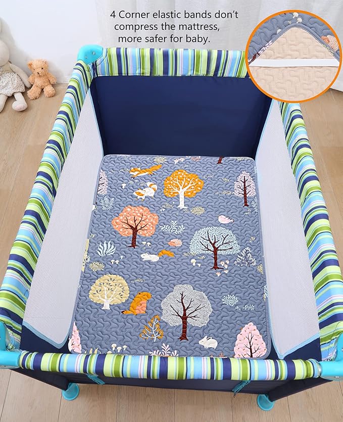 Padded Pack n Play Sheets Breathable Thick Pack and Play Mattress Protector, Quilted 38x26” Playard Sheet Fitted for Graco, Portable Mini Cribs and Foldable Mattress Pad, Soft Playpen Mattresses Cover
