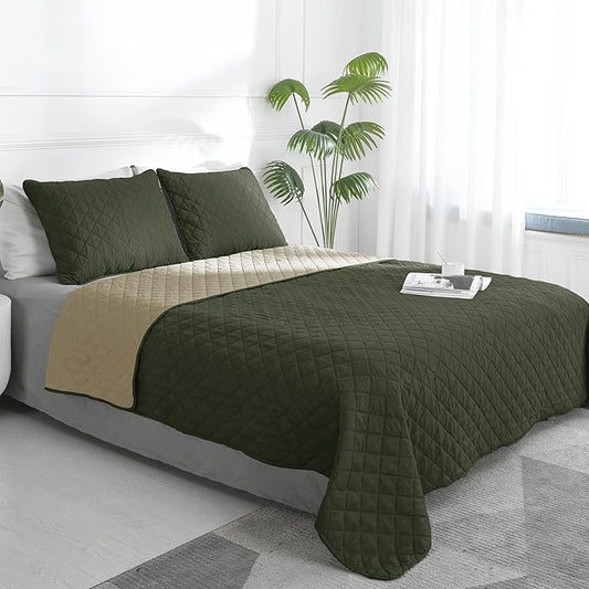 Easy-Going Full/Queen Size Reversible Quilt Set with 1 Quilt and 2 Pillow Shams, Soft Bed Quilt Cover, Water Resistant Lightweight Microfiber Bedspread, Stain Resistant, Army Green/Beige