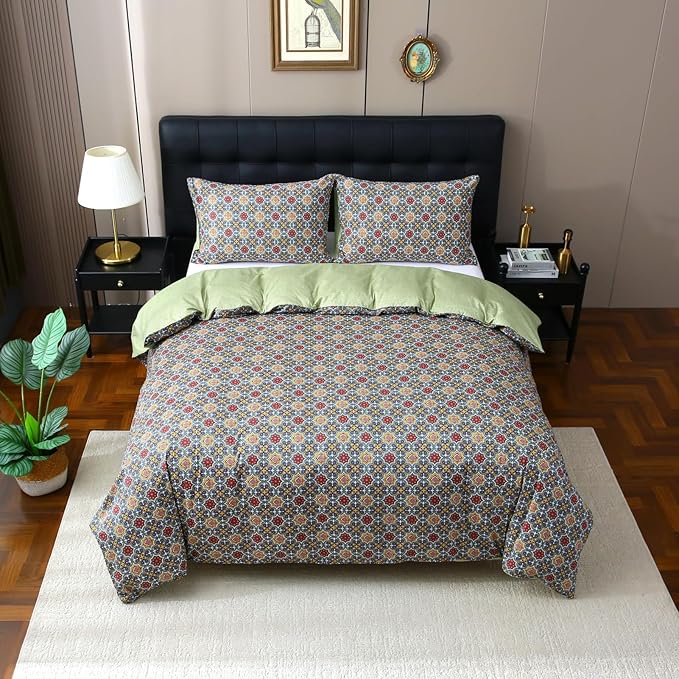 ABREEZE Bohemia Retro Bedding Ethnic Vintage Floral Duvet Cover Boho Bedding 100% Brushed Cotton Bedding Sets Damask Paisley Coloful Mandala Down Comforter Cover 3-Piece,Full