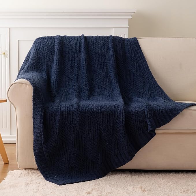 Battilo Navy Diamond Knit Throw Blanket for Couch and Bed, Soft Textured Chenille Blanket, Cozy Lightweight Decorative Blanket for Sofa, 50"x60"