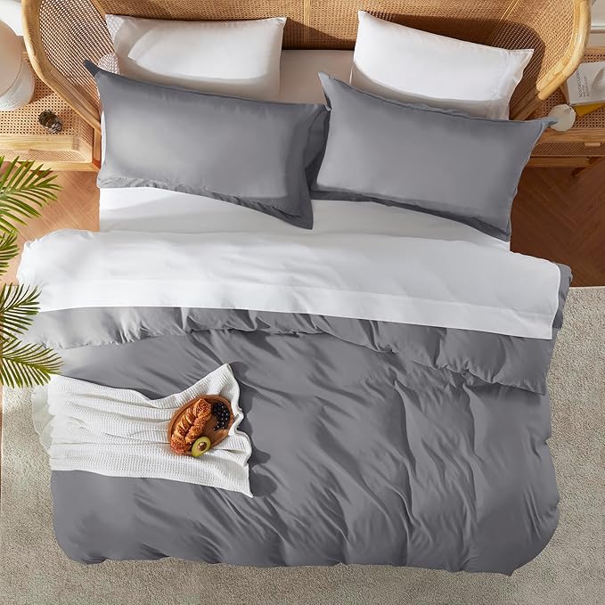 Nestl Grey Duvet Cover Full Size - Soft Double Brushed Full Size Duvet Cover Set, 3 Piece, with Button Closure, 1 Duvet Cover 80x90 inches and 2 Pillow Shams