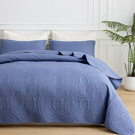 SheRest Queen Quilt Bedding Set - Grayish Blue Soft Breathable Bed Quilts, Modern Style Embossed Bedspreads, Lightweight Microfiber Coverlet for All Seasons-3 Pieces (1 Quilt,2 Pillow Shams)