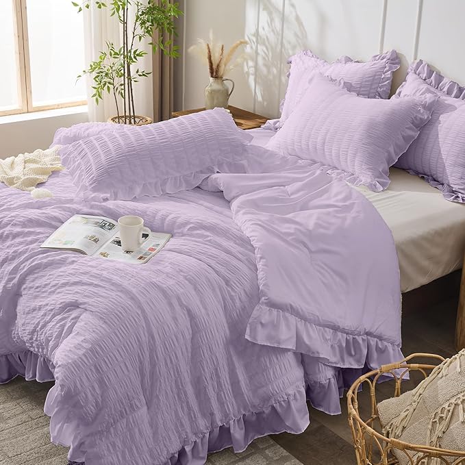 JOLLYVOGUE Lavender Queen Comforter Set, 3 Pieces Seersucker Comforters Queen Size, Lightweight & Fluffy Bedding Sets Queen for All Season with 1 Ruffle Comforter and 2 Ruffle Pillowshams