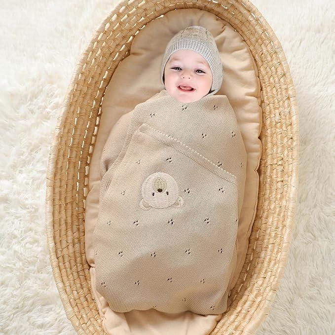 mimixiong Organic Cotton Baby Blanket Neutral Knitted Soft Crib Nursery Swaddling Receiving Blankets for Newborn Baby Boy Girl 40x30 Inch (Oatmeal)