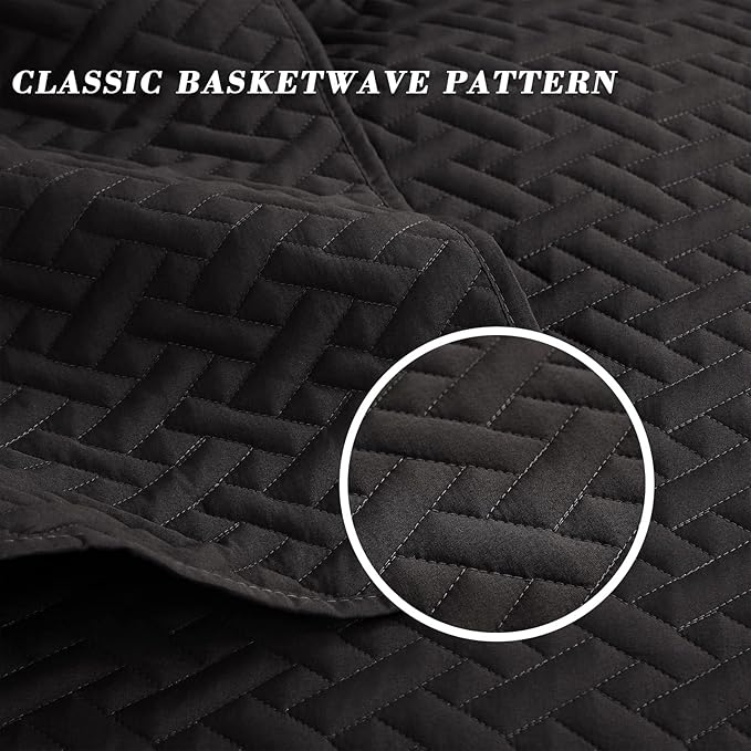 Exclusivo Mezcla King Size Quilt Bedspreads with Basket Weave Pattern, Soft Lightweight Summer Quilts Bedding Set Coverlets Bed Cover for All Seasons, Black