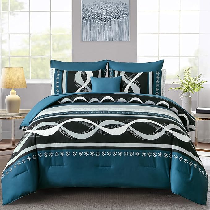 Anibedding Comforter Set Queen Size, 8 Piece Teal Boho Bed in a Bag, Striped Patchwork Comforter Bedding Set for All Season(90"×90")