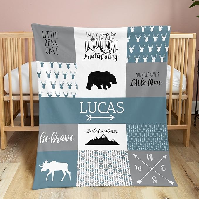 Personalized Baby Blanket for Boys Super Soft Double Layer with Dotted Backing, Lovely Woodland Animal Design Blanket for Toddler Newborn, Polyester, Bell Blue, 35 x 45 Inch