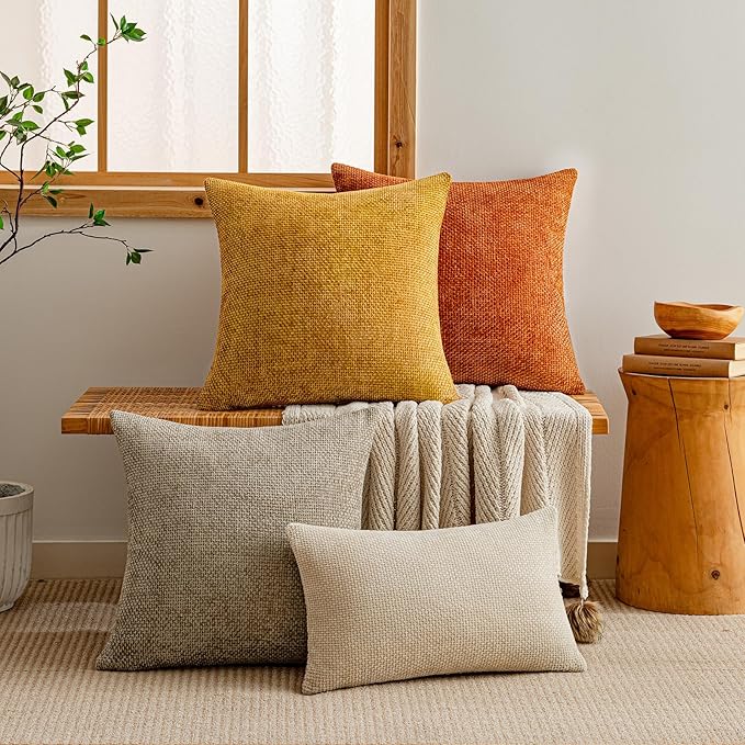 a moment Fall Mustard Yellow Chenille Throw Pillow Covers 18x18 Inch Pack of 2 Modern Decorative Throw Pillow Covers Farmhouse Cross Pillows Home Decor for Sofa Bedroom Living Room