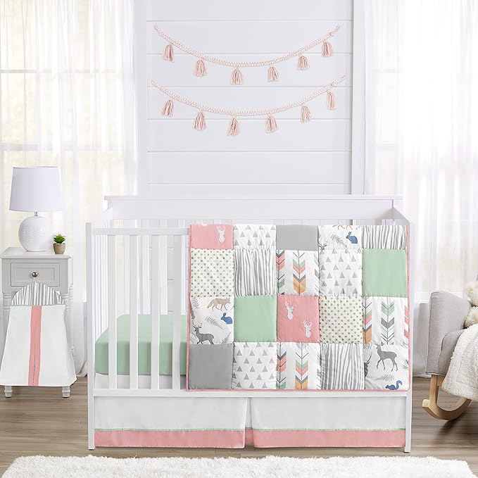 Sweet Jojo Designs Coral, Mint and Grey Woodsy Deer Girls Baby Bedding 4 Piece Crib Set