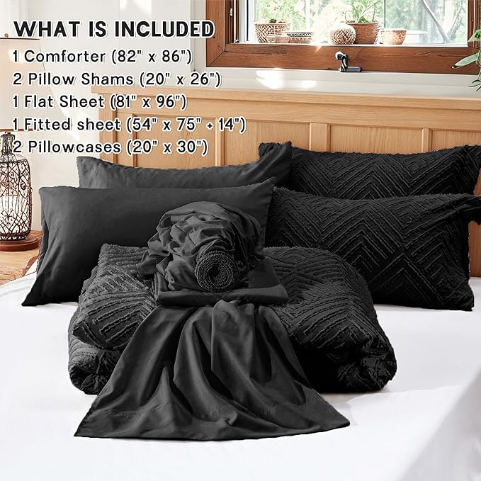 Zzlpp Full Comforter Set 7 Pieces, Black Tufted Bed in a Bag with Comforter and Sheets, All Season Boho Bedding Sets with Comforter, 2 Pillow Shams, 2 Pillowcases, 1 Flat Sheet, 1 Fitted Sheet