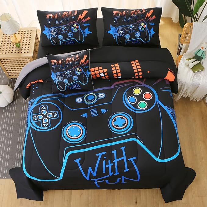 JQinHome Twin Gaming Comforter Sets for Boys,6 Piece Bed in A Bag 3D Video Game Bedding -All Season Soft Microfiber Gamer Bedding Sets for Kids, Pillowcase, Flat Sheet, Fitted Sheet,Cushion Cover