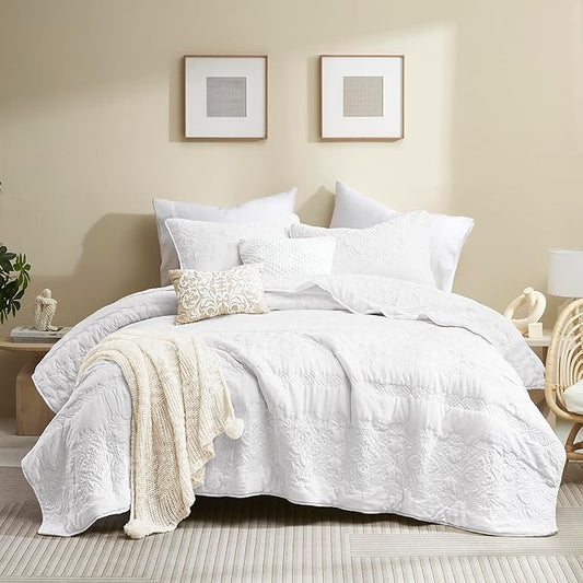 B2EVER Boho White Quilt Twin Size Bedding Sets with Pillow Sham, Bohemian Lightweight Soft Bedspread Coverlet, Farmhouse Floral Vintage Thin Comforter Bed Cover for All Season, 2 Pieces, 68x90 inches