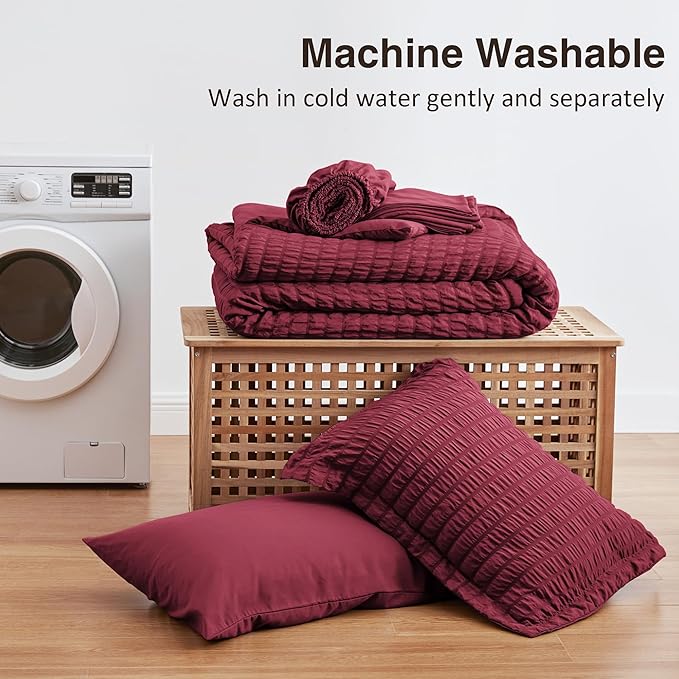 Love's cabin Seersucker Burgundy Twin Comforter Set, 5-Piece All Season Lightweight Bed in a Bag Bedding Set with Comforter, Flat Sheet, Fitted Sheet, Pillowcase and Sham | Soft, Breathable, Lightweight