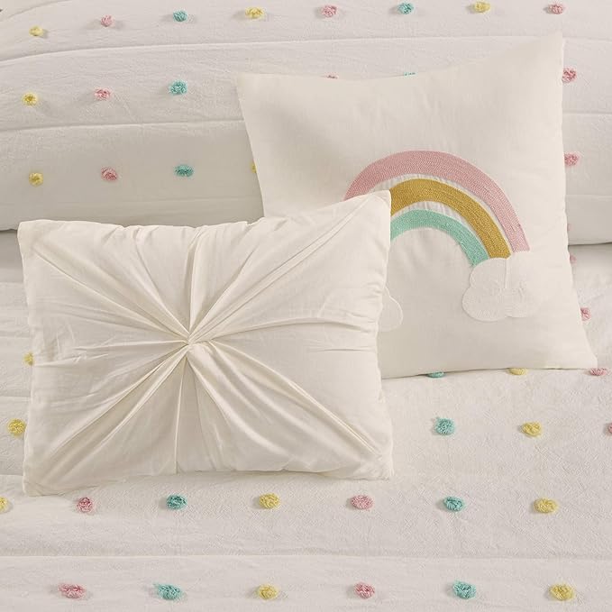 Intelligent Design Kids Quilt Set Cotton Jacquard Weave Colorful Poms Accent All Season Shabby Chic Bedding Coverlet Bedspred, Girls Bedroom Décor, Full Queen, Ivory 5 Piece