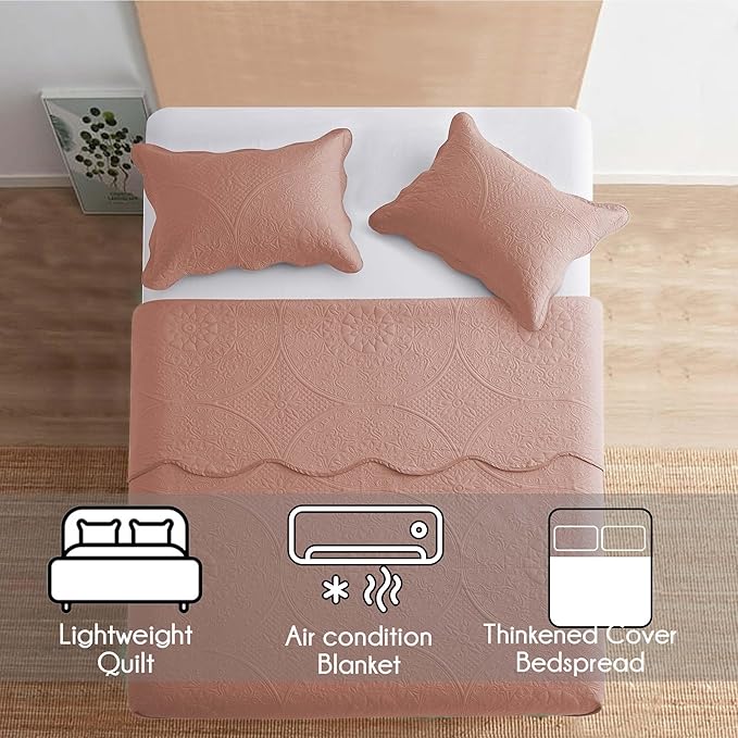 MOONLIGHT20015 Queen Quilt Bedding Set Size (90" x 96") + 2 Pillow Shams (20" x 26"+ 2") - 3 Pcs All Season Lightweight Reversible Embossed Quilt Microfiber Coverlet Floral Bedspread (Peach)