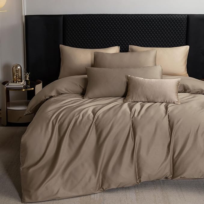 MooMee Duvet Cover Set 100% Extra Long Staple Cotton 600 Thread Count Silky Sateen Smooth Luxury Soft Breathable Durable Hotel Quality Bedding, 2 Pieces (Mocha Brown,Twin 68"x90")