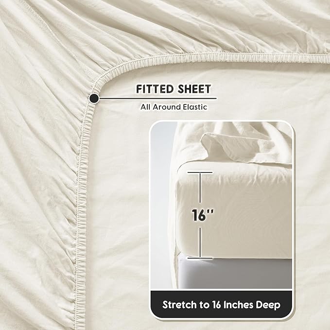 SONORO KATE 100% French Pure Linen Queen Size Sheets, Breathable and Durable, 16 Inch Deep Pocket - 4 Piece (Cream)
