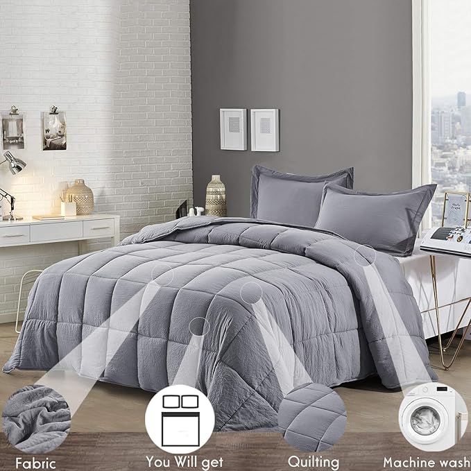 HIG 3pc Prewashed All Season Down Alternative Comforter Duvet Insert -Quilted Comforter with Corner Tabs -Box Stitched -250GSM Fiberfill Chic Farmhouse Style Bedding(Salomon,Queen,Gray)