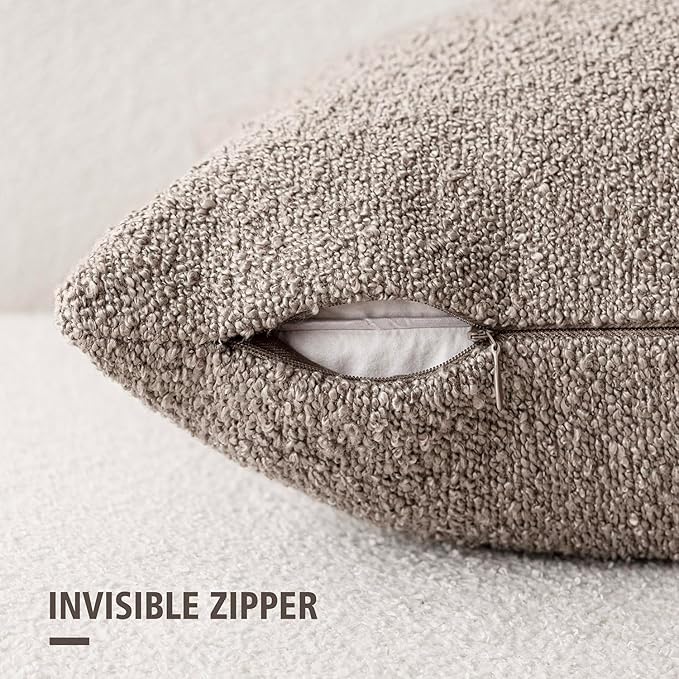 Foindtower Set of 2, Decorative Textured Boucle Throw Pillow Covers Accent Solid Pillow Cases Neutral Soft Cozy Couch Cushion Case for Chair Sofa Bedroom Living Room Home Decor 26x26 Inch Light Taupe