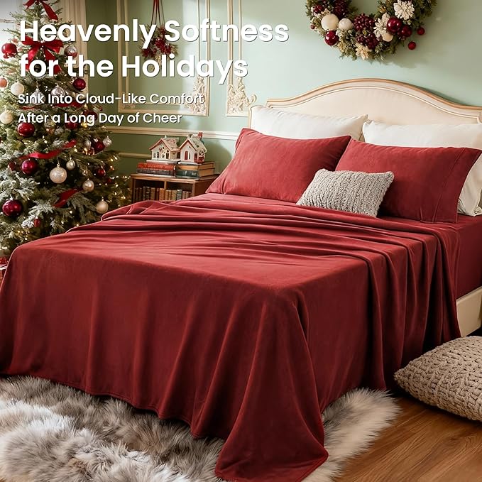 Love's cabin Fleece Twin Sheet Set - 3 Pcs Red Super Soft Plush Polar Fleece Bed Sheets Set with 16" Deep Pocket,Cozy Warmth for Cold Season(1 Flat Sheet,1 Fitted Sheet,1 Pillow Case)