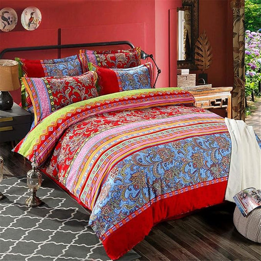 ABREEZE Bohemian Duvet Cover Set Boho Bedding Colorful Red Boho Retro Bedding Set Damask Paisley Cotton Duvet Cover Tribal Reversible Bedding Exotic Style Comforter Cover 3-Piece Cal.King