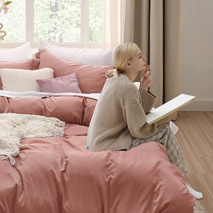 Bedsure Pink Clay Duvet Cover Full Size - 3 Pieces Prewashed Extra Soft Cotton-Like Polyester Bedding Set, Includes 1 Duvet Cover 80x90 Inches with Zipper Closure & 2 Pillow Shams, No Comforter