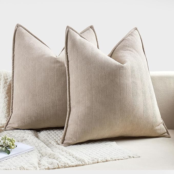 MIULEE Pack of 2 Beige Decorative Pillow Covers 22x22 Inch Soft Chenille Luxurious Couch Throw Pillows Farmhouse Cushion Covers Euro Shams with Elegant Design for Sofa Bed Living Room Spring Decor